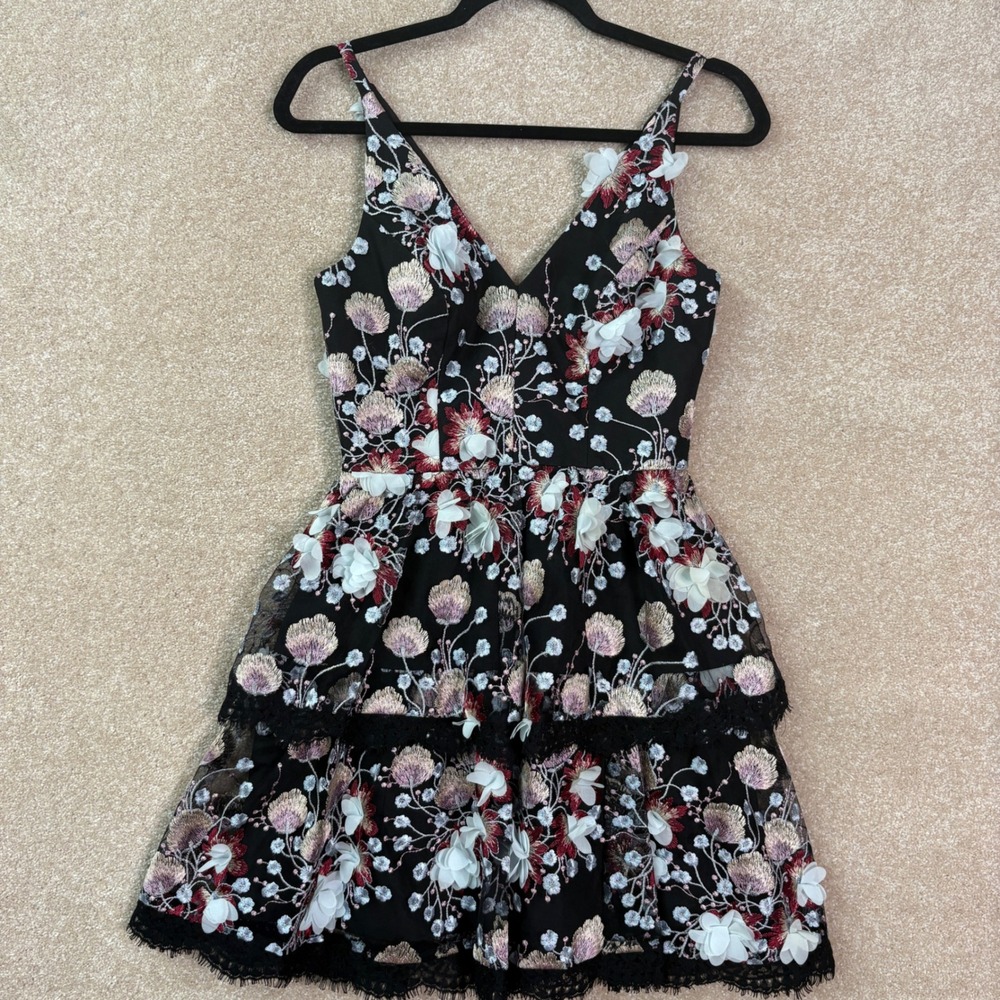 DRESS THE POPULATION Nellie Dress Women's XS Black Multi Floral 3D Embroidery